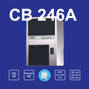 Machine à glaçons Brema CB246A en acier inoxydable, capacité 26 kg/24h, glaçons pleins cristallins, bac intégré 6 kg