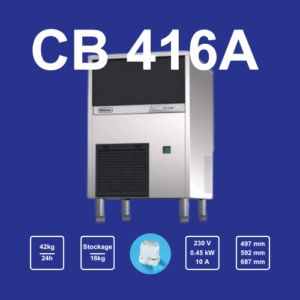 La machine à glaçons Brema CB416A produit jusqu’à 42 kg de glaçons pleins par jour et dispose d’un bac de 16 kg intégré. Son design en acier inox AISI 304, son refroidissement par air et sa faible consommation d’eau en font une solution idéale pour les bars, cafés et restaurants nécessitant un approvisionnement constant en glace cristalline.