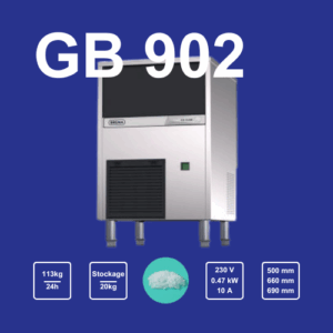 Brema GB902 : machine à glaçons floconneuse professionnelle, capable de produire environ 113kg de glace par jour, avec réserve de 20 kg, finition inox AISI 304, consommation d’eau optimisée, idéale pour commerces alimentaires, poissonneries, bars, supermarchés, ou usages intensifs.