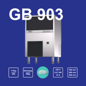 Brema GB903 : machine à glaçons floconneuse professionnelle, capable de produire environ 95 kg de glace par jour, avec réserve de 30 kg, finition inox AISI 304, consommation d’eau optimisée, idéale pour commerces alimentaires, poissonneries, bars, supermarchés, ou usages intensifs.