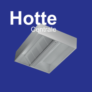 Image d’une hotte centrale professionnelle en acier inoxydable, conçue pour l’extraction efficace des fumées et vapeurs dans les petites cuisines, snacks, food-trucks et points de restauration rapide. La hotte présente un design moderne en inox avec filtres à chicanes et éclairage intégré, idéale pour un usage intensif en milieu professionnel. Le fond bleu met en valeur la structure robuste et brillante de la hotte, soulignant sa qualité et sa durabilité.