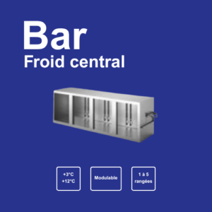 Bar froid central Artserf, modulable de 1 à 5 rangées, conçu pour une intégration sur installation frigorifique centralisée. Solution professionnelle en inox offrant une température maîtrisée de +3 °C à +12 °C, une grande capacité de stockage et un accès rapide aux boissons pour bars, restaurants et hôtels.