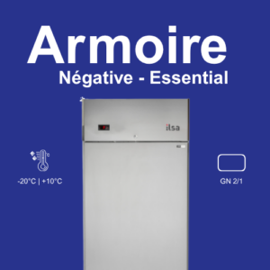 Armoire réfrigérée négative professionnelle ESSENTIAL, en inox AISI 304, avec structure monocoque, isolation haute densité sans HFC, dégivrage par gaz chaud et unité frigorifique monobloc tropicalisée. Elle est destinée à la conservation à température négative avec une plage de fonctionnement de -20 °C à -10 °C.